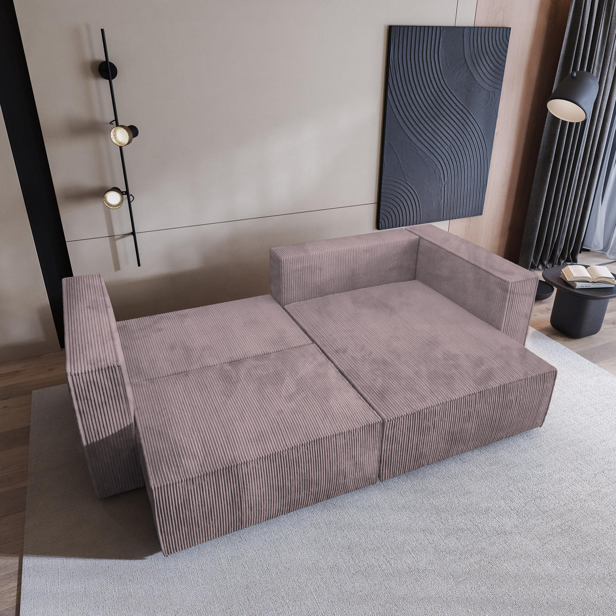 ECKSOFA NERIO P Lila Kordstoff mit Schlaffunktion - Lila, Holz (245/148cm) - MASSENO