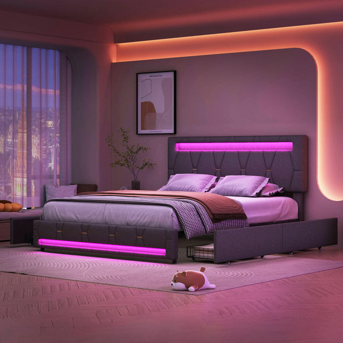 BETT 140 x 200 cm mit 4 Schubladen und LED, mit LED-Kopftei - Grau, Holzwerkstoff/Textil (140/200cm) - WoodenAura