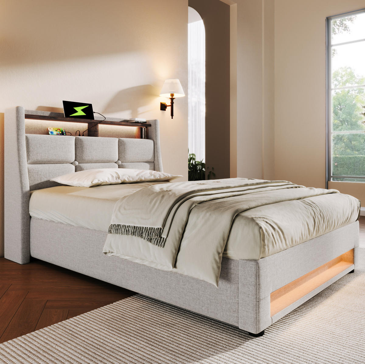 BETT mit USB und LED 90x200 cm Beige inkl. Matratze - Beige, Metall (90/200cm) - Meubliv