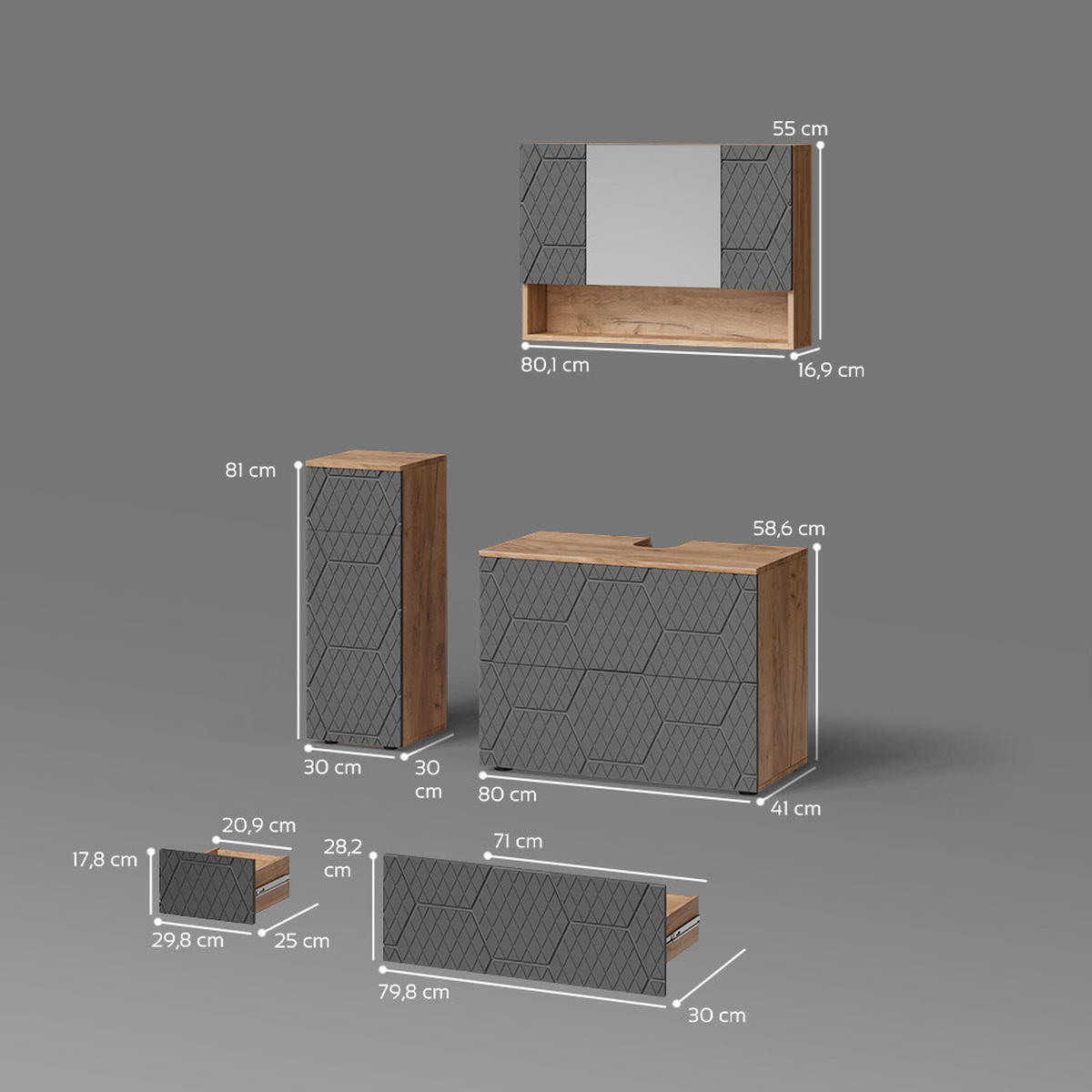 BADMÖBEL-SET Ronco Anthrazit gestreift 3 Teile, mit Schubladenschrank und Midischrank - Anthrazit/Eiche Wotan, Holzwerkstoff (80/58/41cm) - Livinity®