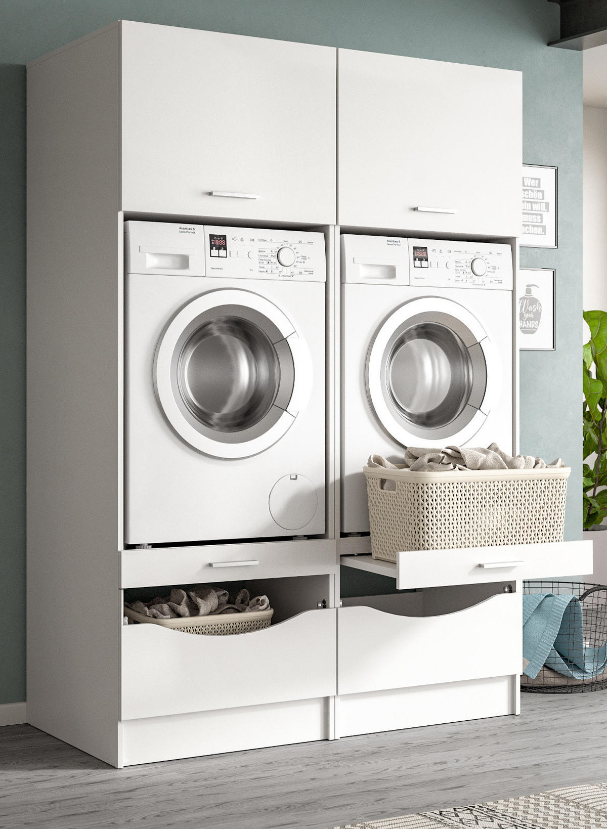WASCHMASCHINENSCHRANK weiß Set 2-teilig 132 cm, Waschmaschinenumbau mit viel Stauraum - Silberfarben/Weiß, Glas/Holzwerkstoff (132/195/68cm) - Inn.Furn