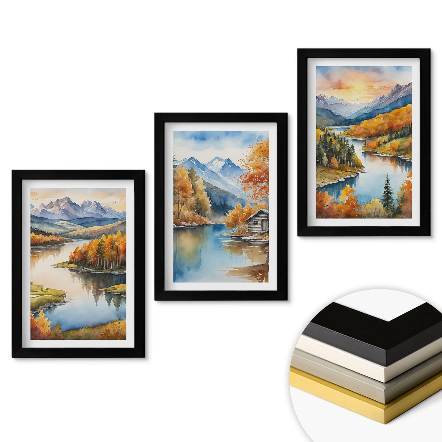 WANDBILDER 3er-Set - 20x30 cm Schwarzer Rahmen - Herbstliche Berglandschaften - Schwarz, Kunststoff (20/30cm) - ArtPrintCave
