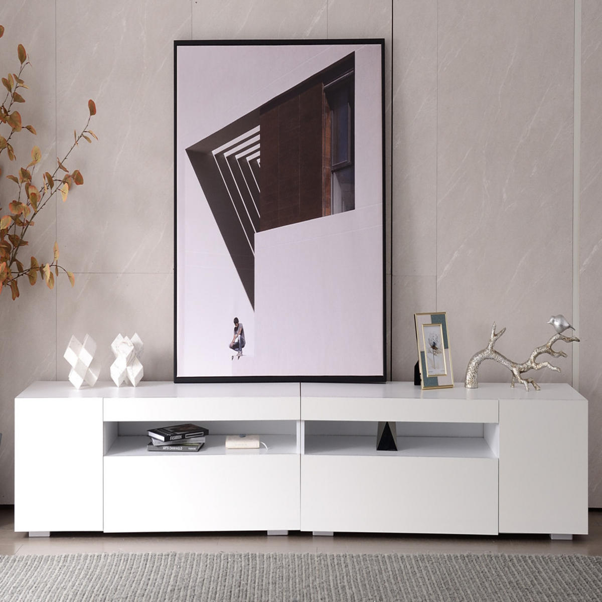 TV-SCHRANK 240cm Modern Weiß LED-Beleuchtung helles Panel glänzend - Weiß, Holz (49.5/15.5/107cm) - FLIEKS