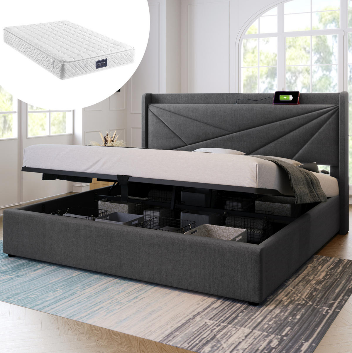 POLSTERBETT 160/200 cm Grau aus Baumwolle und Leinen mit Bettkasten und USB-/Typ-C-Ladefunktion - Grau, Textil (160/200cm) - OKMYHOME