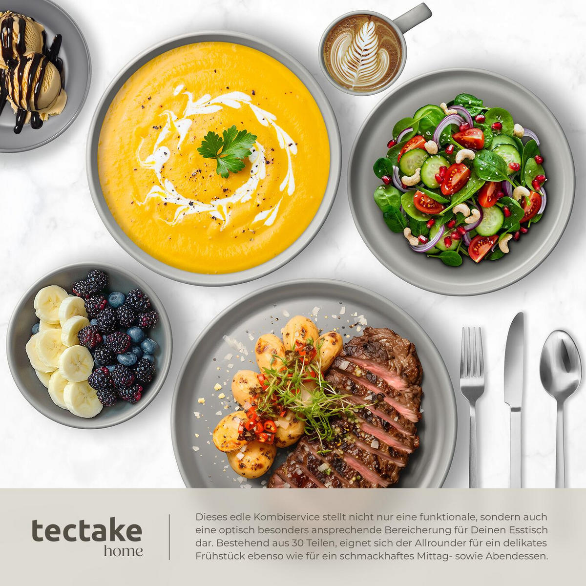 KÜCHENSTARTERSET Una/Varese, inklusive 5 Küchenwerkzeugen, grau/schwarz - Schwarz/Grau, Keramik (26/4.8/45.5cm) - tectake