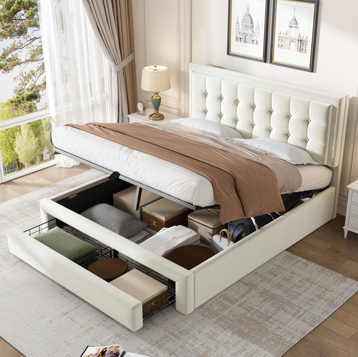 POLSTERBETT 140/200 cm aus Samt mit höhenverstellbarem Kopfteil und Stauraum Beige - Beige, Textil (140/200cm) - Modenvie