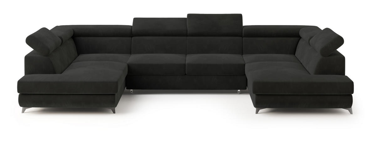 WOHNLANDSCHAFT VINTESSA Schwarz Velours-Stoff mit Schlaffunktion - Schwarz, Holz (323/89/190cm) - MASSENO