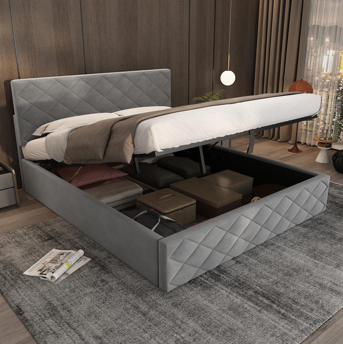POLSTERBETT mit Stauraum und Lattenrost 140x200 cm Samt Grau - Grau, Metall (140/200cm) - Meubliv