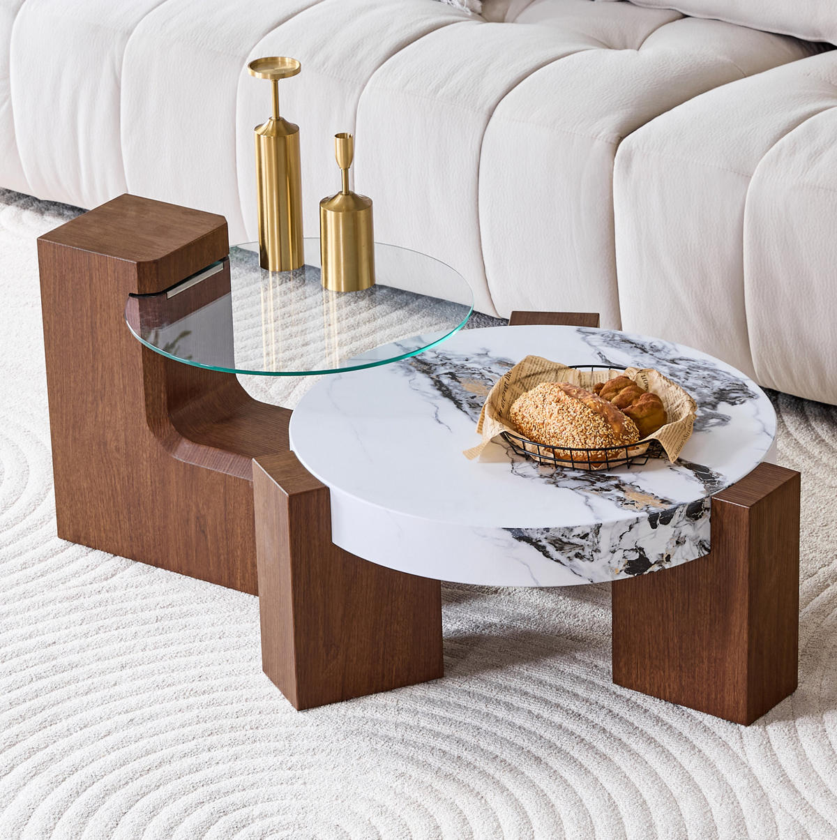 COUCHTISCH-SET 61/30 cm & 44 cm aus MDF und Glas, Nussbaumoptik mit Ablage - Nussbaumfarben, Holzwerkstoff (61/61/30cm) - Flora Grace