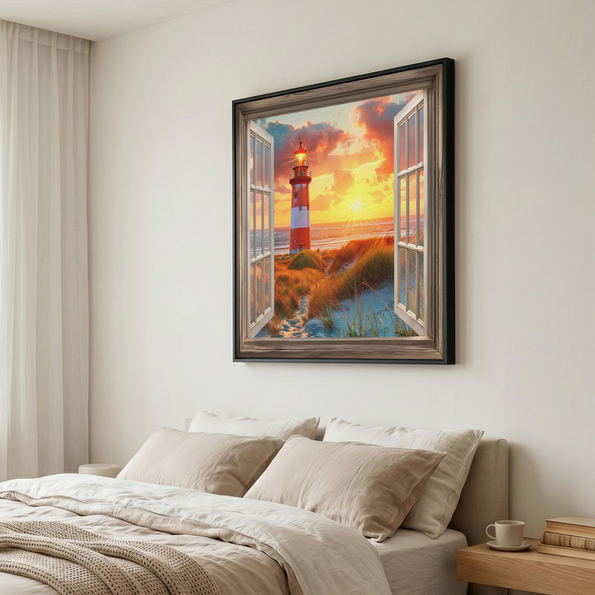LEINWAND Bilder mit Rahmen - Aussicht - Fenster - Leuchtturm - Sonnenuntergang - Strand - 90x90 - Dunkelorange, Textil (90/90cm) - MuchoWow