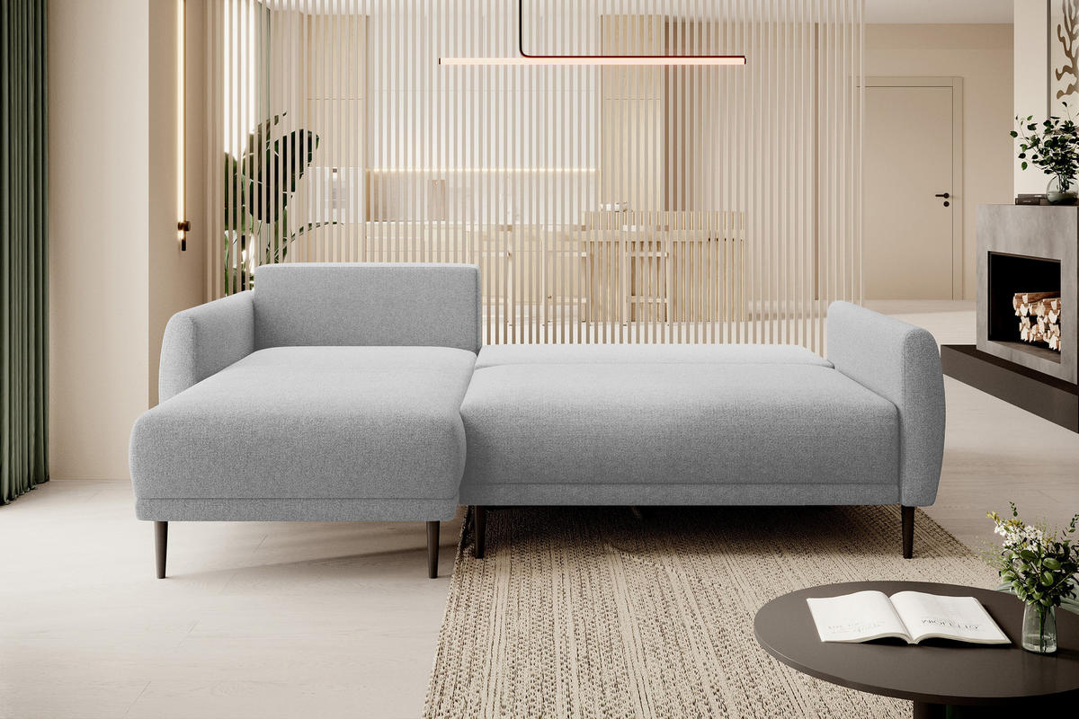 ECKSOFA BONO Stilvolles Sofa mit Schlaffunktion, Robuste Holzfüße, Elegante Armlehnen, Tiefe Sitzfläche 226x164x88cm, Linke, Esche - Silberfarben, Holz/Textil (164/226cm) - DomoHome