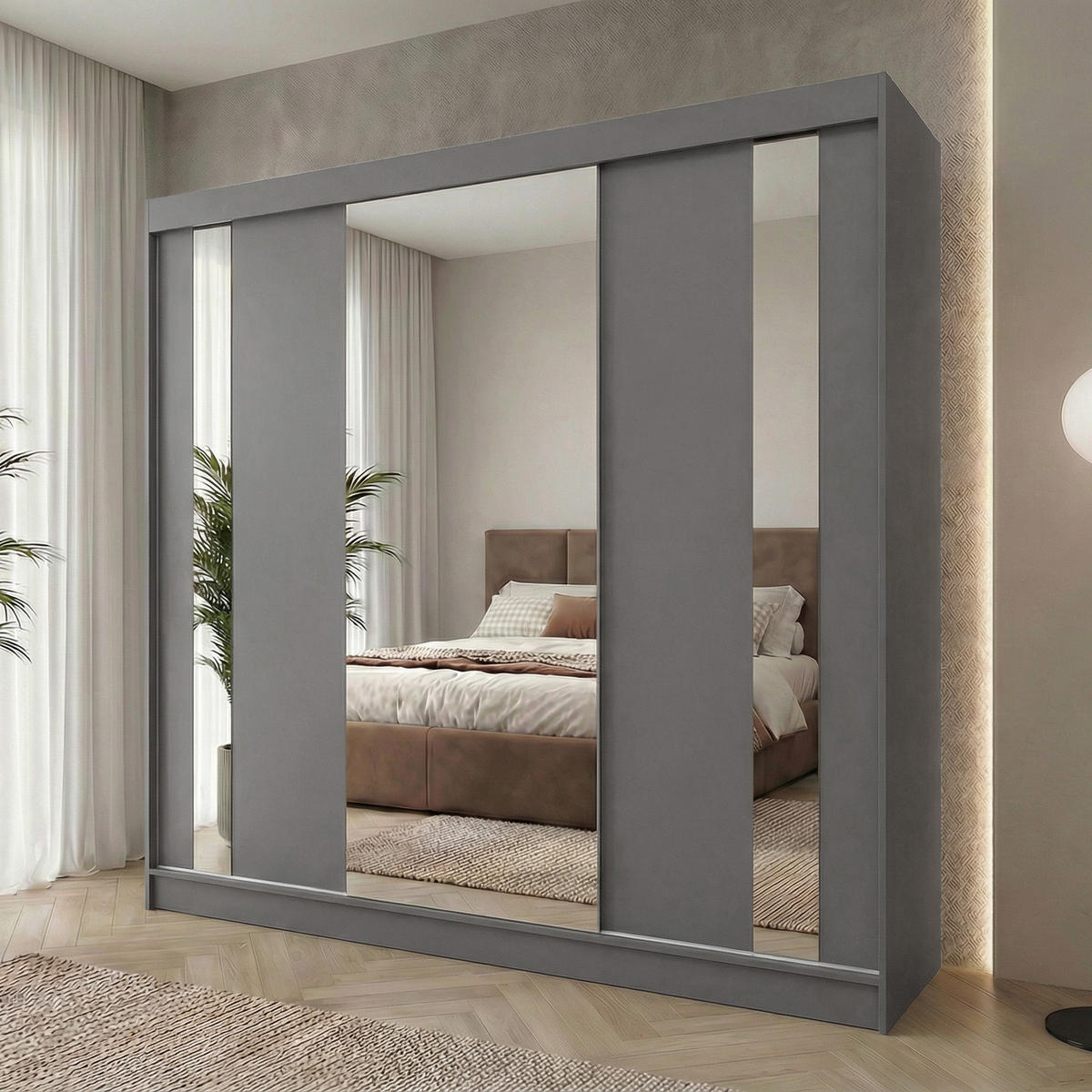 SCHWEBETÜRENSCHRANK Gaja 240/216/61 graphit mit Spiegel und Schubladeneinsätze - Graphitfarben, Holzwerkstoff (240/216/61cm) - Beautysofa