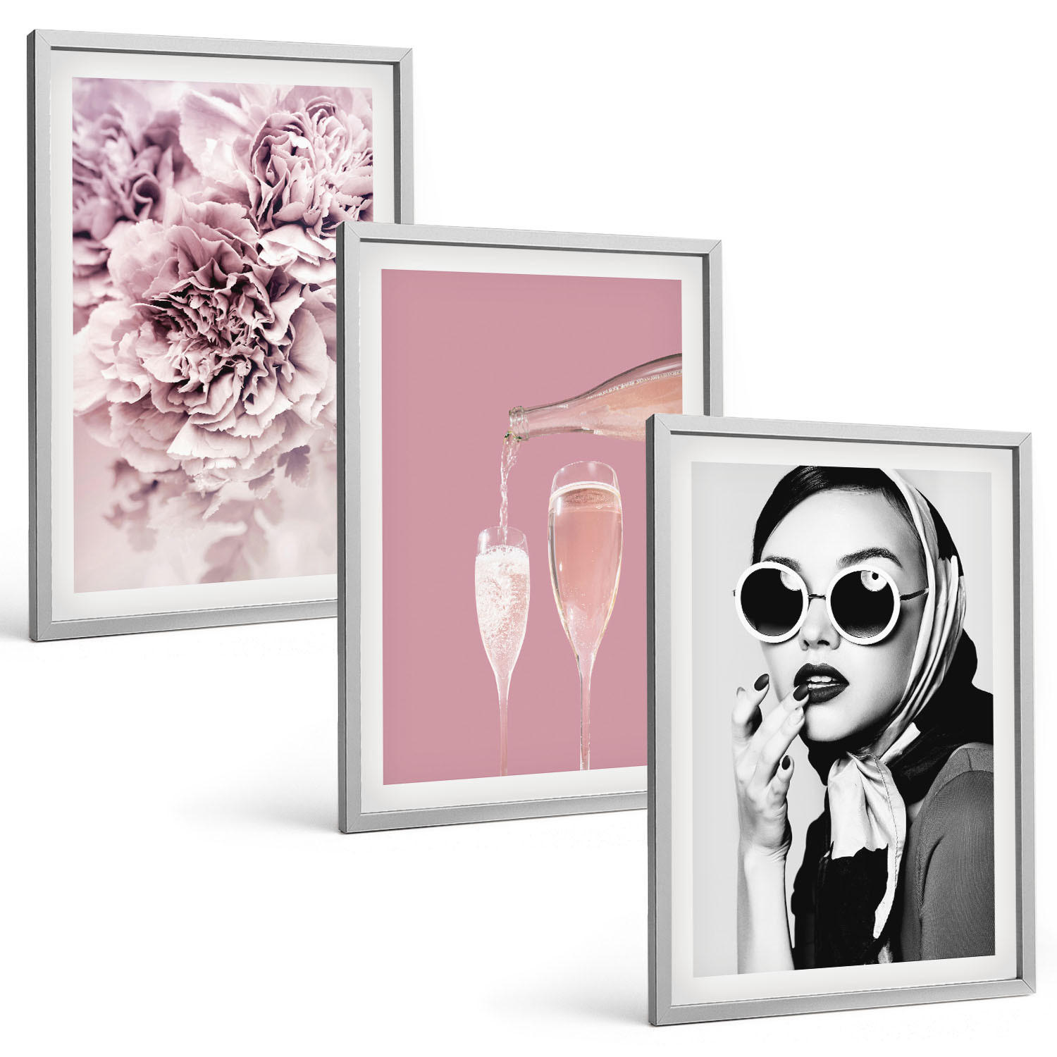 BILDER SET 3er Set - 40x60 cm Silberner Rahmen - Rosenblüten und eine elegante Dame - Silberfarben, Kunststoff (40/60cm) - TULUP