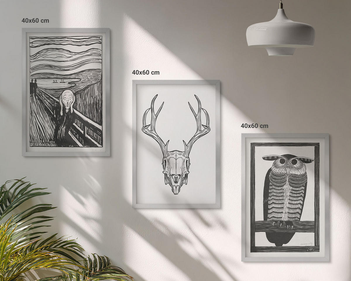 WANDBILDER 3er Set - 40x60 cm Silberner Rahmen - Grafiken mit schreiendem Totenkopf-Eulen - Silberfarben, Kunststoff (40/60cm) - ArtPrintCave