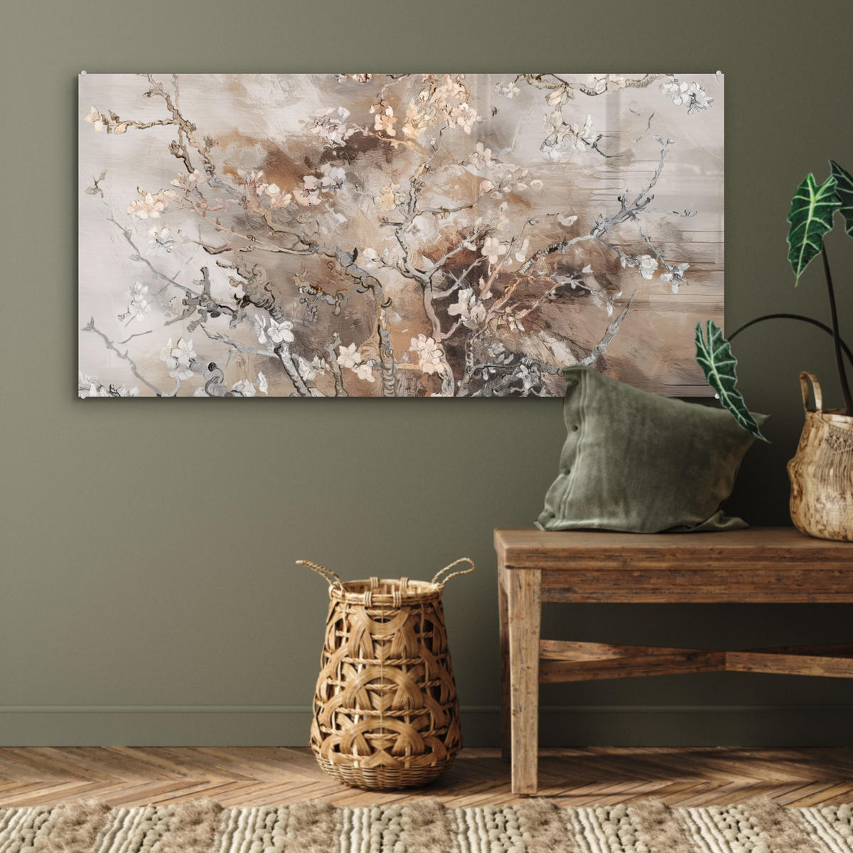 ACRYLGLASBILD Mandelblüte - Kunst - Van Gogh - Beige - Abstrakt 120x60 cm - Braun, Glas (120/60cm) - MuchoWow
