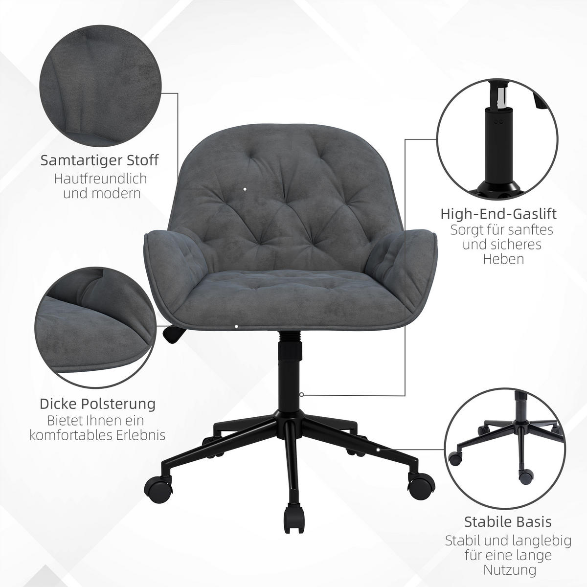 BÜROSTUHL, Polyester, Dunkelgrau - Dunkelgrau, Kunststoff (61/91/60cm) - Vinsetto