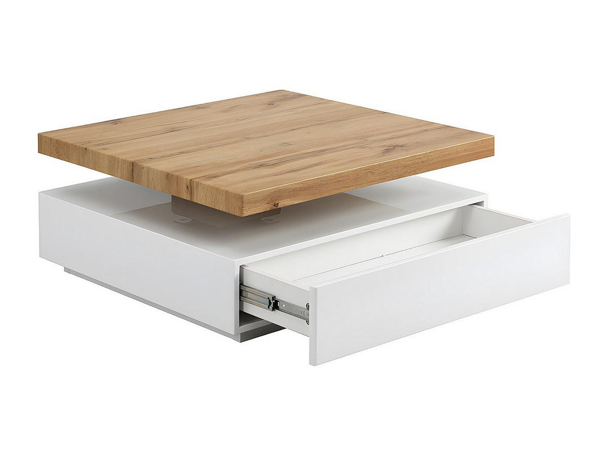 COUCHTISCH drehbar - 1 Schublade - MDF - Weiß & Holzfarben - KYRIA - Weiß, Holz (80/80/36cm) - Vente-Unique