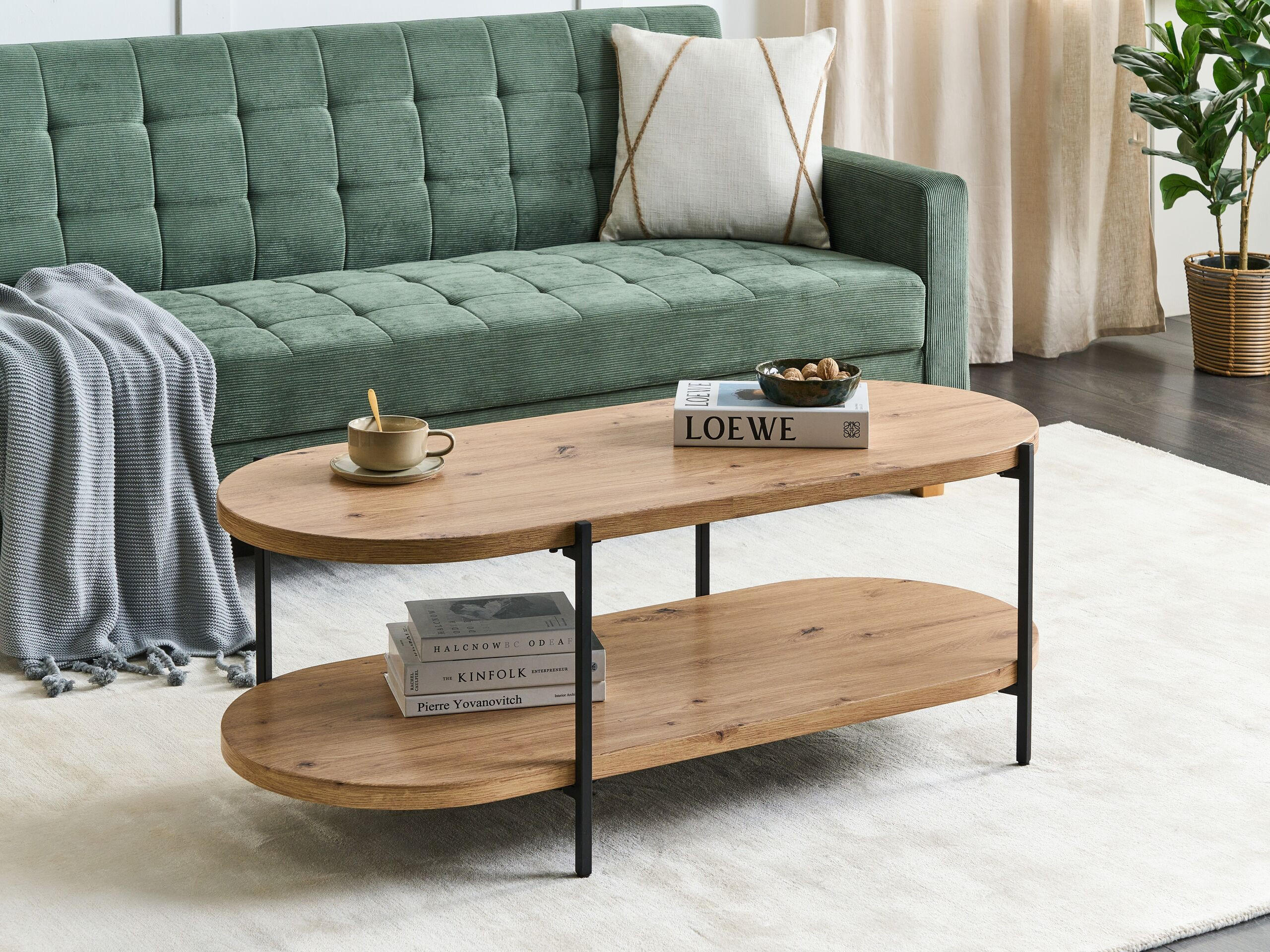 Thumbnail - Beliani Couchtisch, Hellbraun, Schwarz, Holzwerkstoff, Oval, 50x45x120 cm, Wohnzimmer, Wohnzimmertische, Couchtische