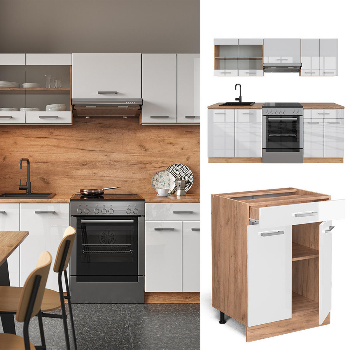 KÜCHENZEILE R-Line Weiß Hochglanz/Goldkraft Eiche 200 cm, AP Marmor - Weiß Hochglanz/Eiche Wotan, Holzwerkstoff (200/81.6/60cm) - Vicco