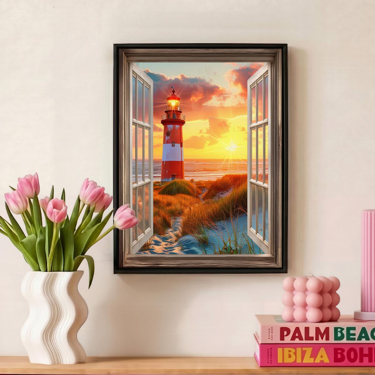 LEINWAND Bilder mit Rahmen - Aussicht - Fenster - Leuchtturm - Sonnenuntergang - Strand - 30x40 - Dunkelorange, Textil (30/40cm) - MuchoWow