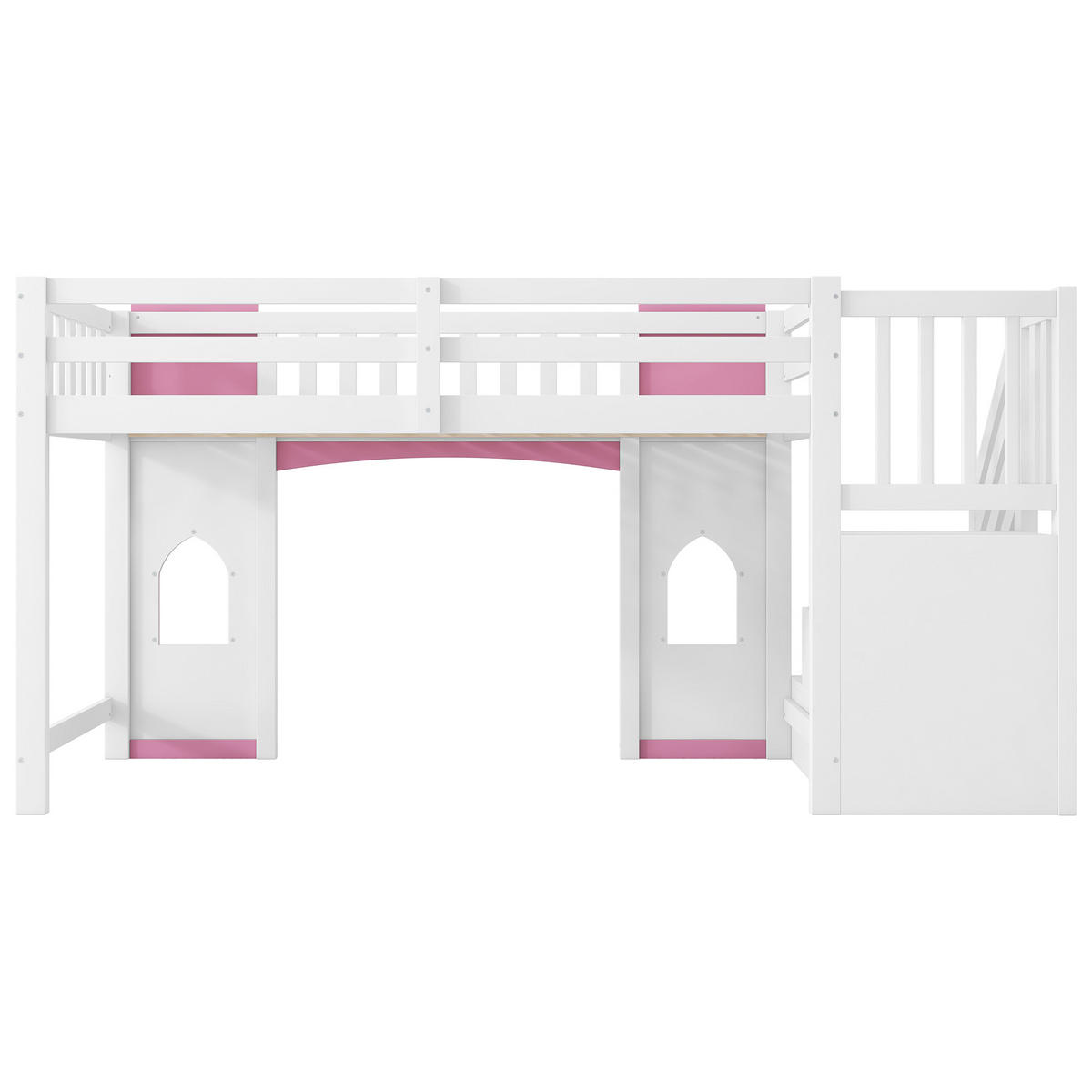 HOCHBETT 90/200 cm DE-03370, mit Stauraumtreppe und Fenster, in Weiß/Rosa - Rosa, Holzwerkstoff (90/200cm) - ComfortXL
