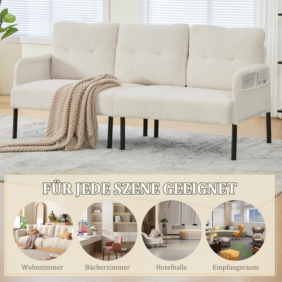 3-SITZER-SOFA 171/72/80 cm aus Cord mit Seitentasche Beige - Beige, Textil (72/80/171cm) - Modenvie