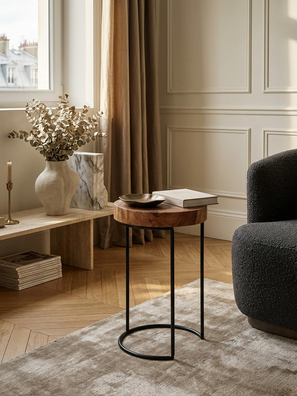 BEISTELLTISCH Massivholz Metallgestell Baumstammplatte Landhausstil INDI, Braun 28x28x45 cm - Schwarz/Braun, Holz/Metall (28/28/45cm) - KADIMA DESIGN