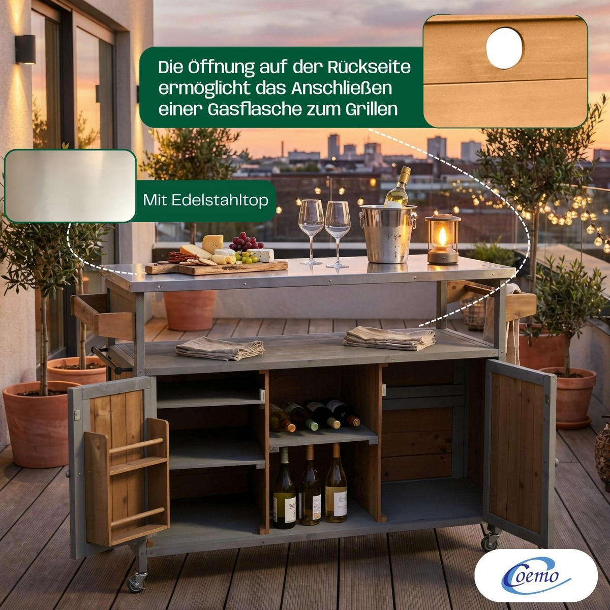 SERVIERWAGEN JAMES mit Rollen Outdoor 138/47/92 cm Farbe Grau - Grau, Holz (47/92/138cm) - Coemo