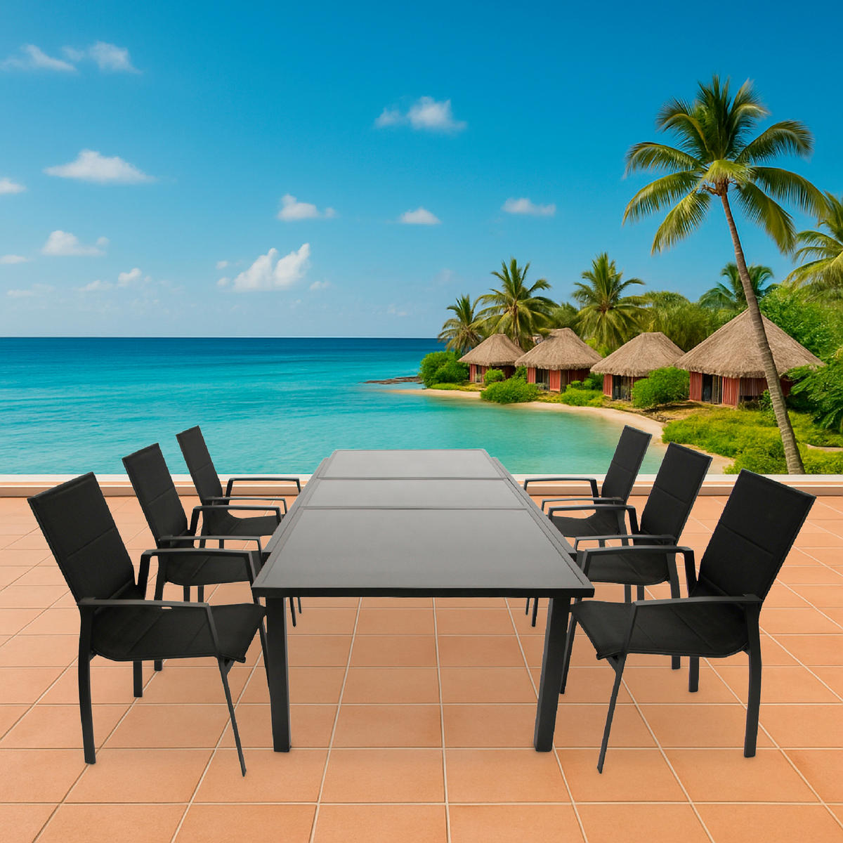 GARTEN-GARNITUR Ashford - 7-teilige Garten-Essgruppe (6x Stapelsessel mit Aluminiumgestell schwarz, Bespannung Textillehne schwarz - Schwarz, Metall - TPFGarden