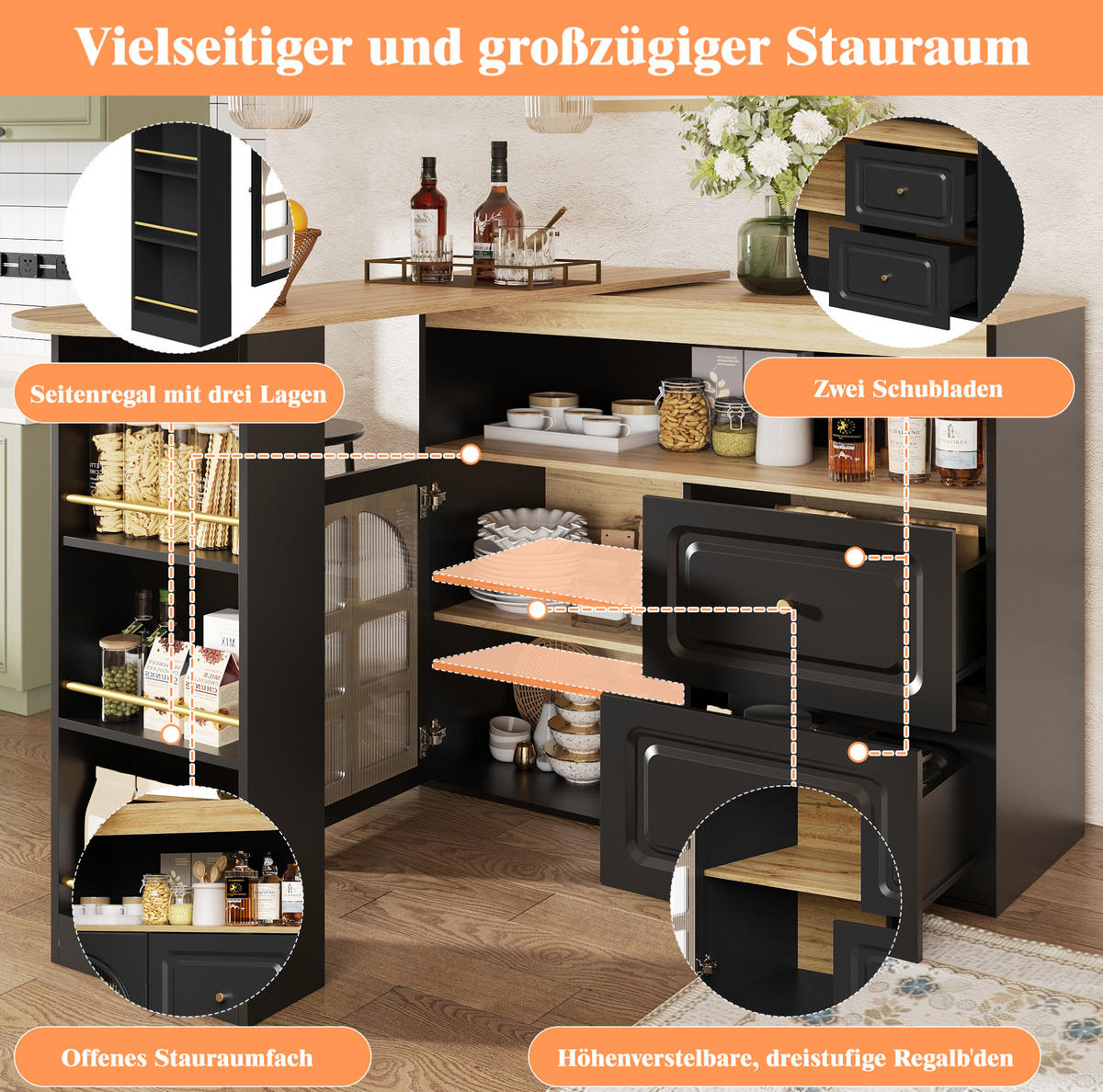 BARTISCH, MDF mit Drehfunktion & Auszug, 138-204/39/104 cm, Schwarz - Schwarz, Holzwerkstoff (39/104/138cm) - Redom