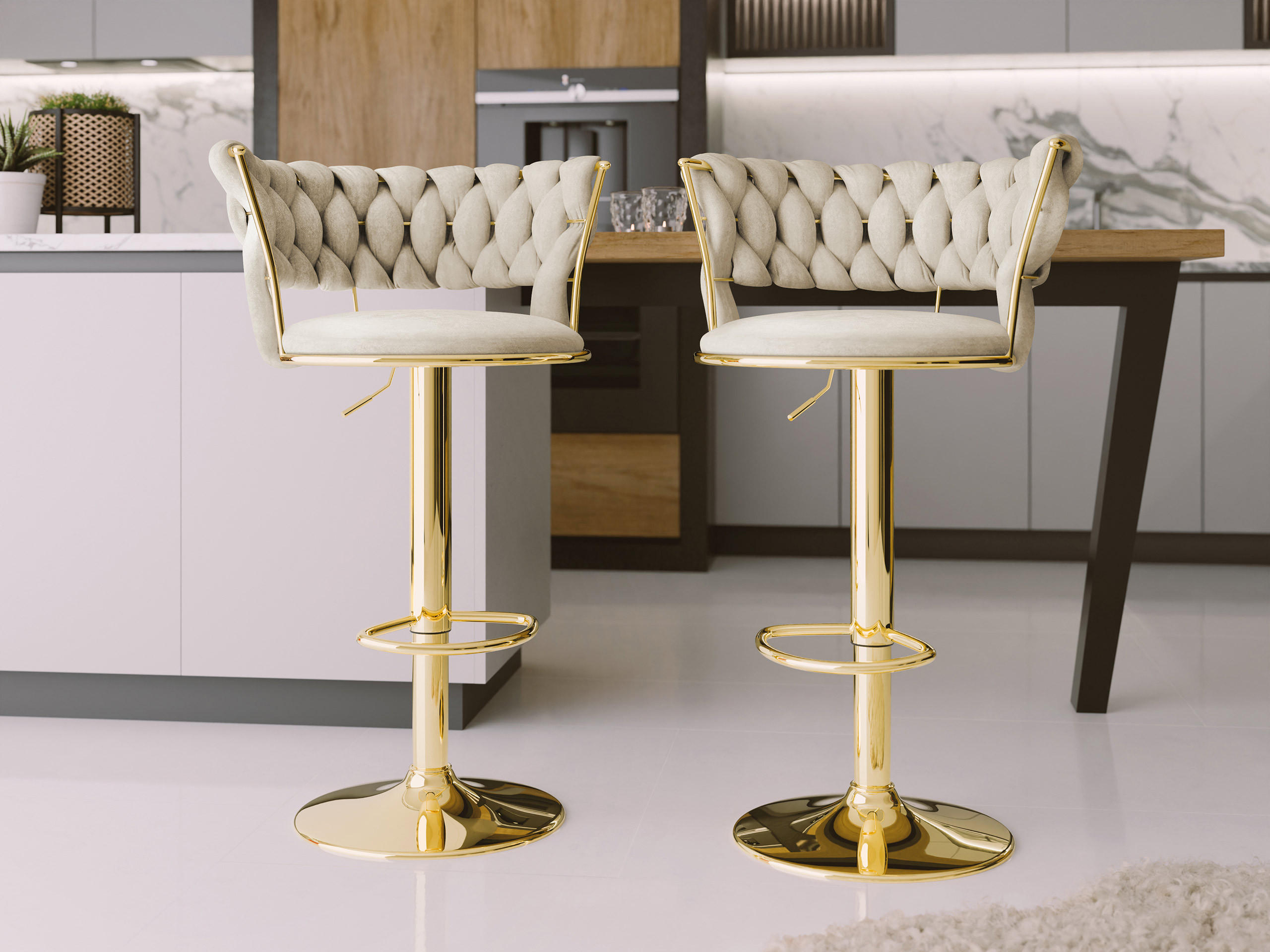 BARHOCKER-SET Muz BS-1141 (2 Stück in Samt) - Beige/Goldfarben, Textil/Metall (50/98/48cm) - MIRJAN24
