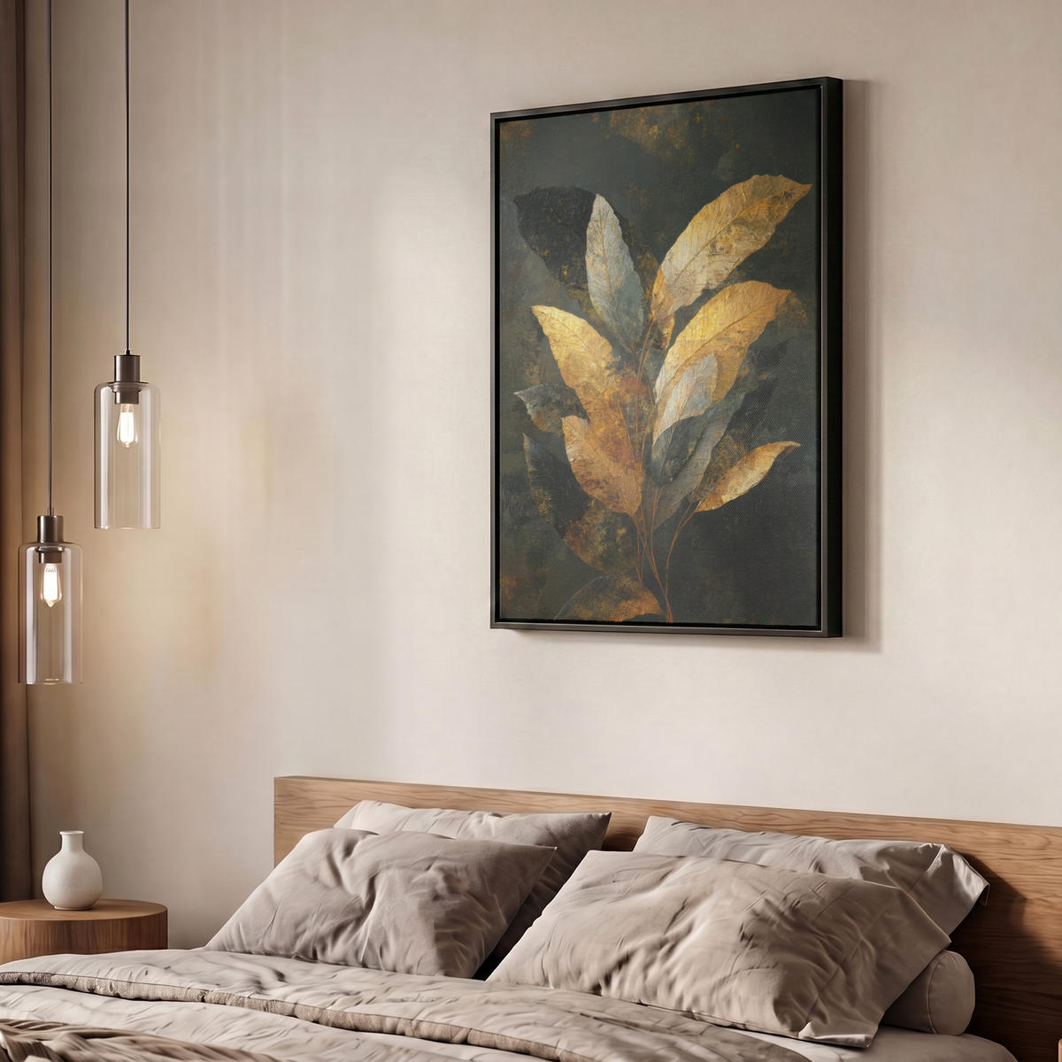LEINWAND Bilder mit Rahmen - Golden Leaf Komposition - Botanical Luxury - 60x80 - Goldfarben, Textil (60/80cm) - MuchoWow