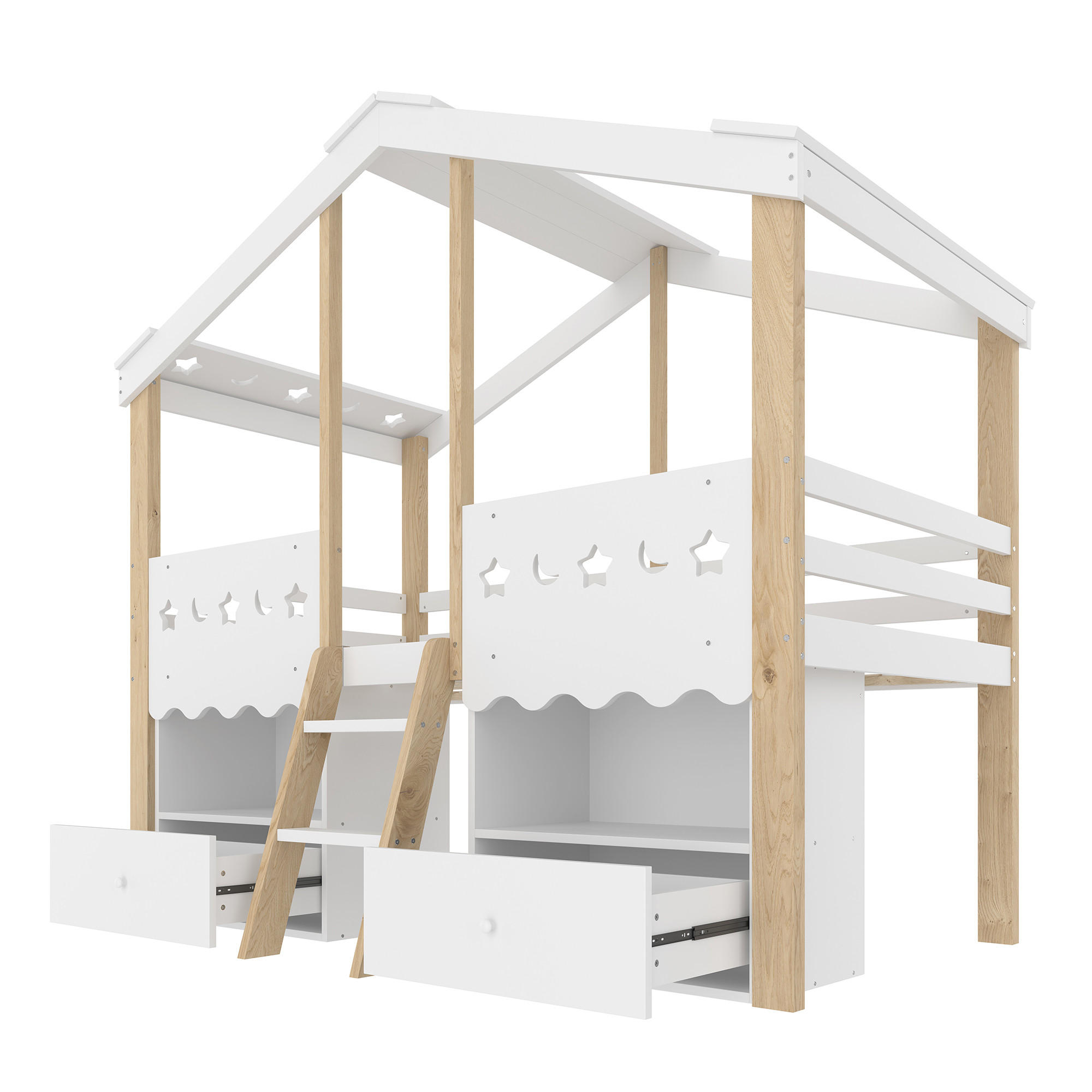 KINDEREINZELBETTEN aus Kiefernholz 90x200 cm in Weiß/Natur mit LED & 2 Schubladen - Weiß, Holz (90/200cm) - Modfu