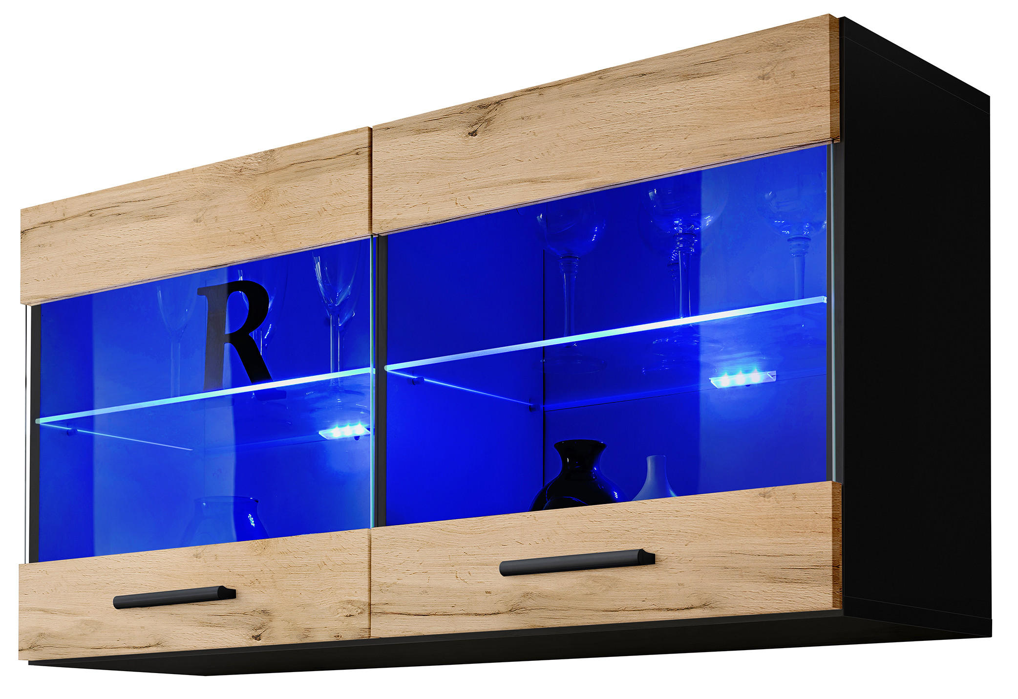 HÄNGEVITRINE SAVONA, Wotan, LED Blau - Eiche Wotan/Schwarz, Glas/Holzwerkstoff (100/50/27.2cm) - Komodee