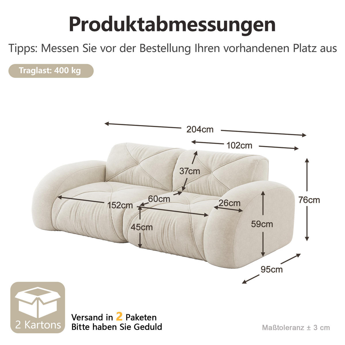 2-SITZER-SOFA DE-34276 modular Beige - Beige, Textil (95/76/204cm) - ComfortXL
