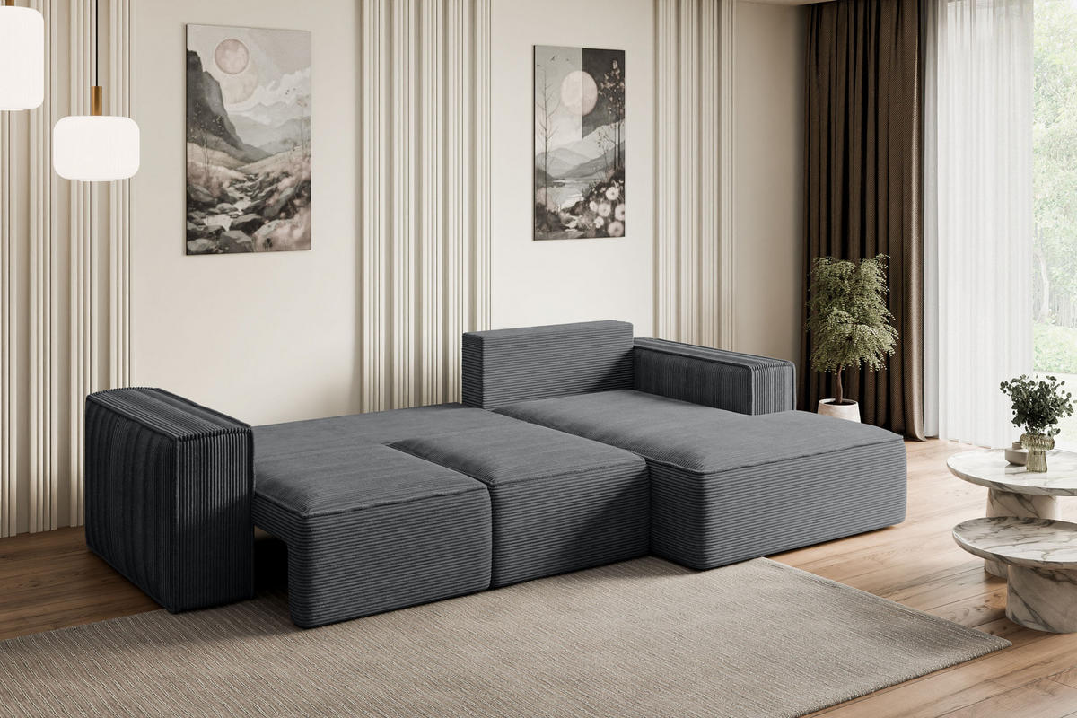 ECKSOFA mit Schlaffunktion und Bettkasten SERRA-L-S - 266x161x87 cm Duneklgrau Cord - Dunkelgrau/Schwarz, Holzwerkstoff/Kunststoff (266/161cm) - ALTDECOR