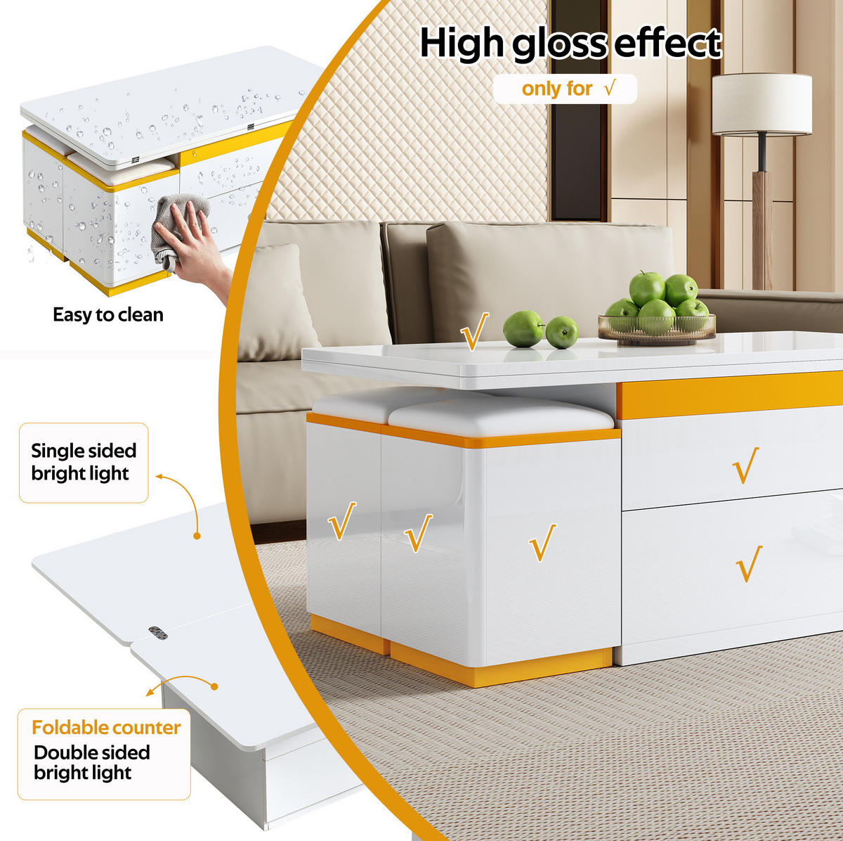 COUCHTISCH 100/50/43 cm weiß/gelb aus MDF und Spanplatte mit Hebe- und Klappfunktion - Weiß, Holzwerkstoff (100/50/43cm) - OKMYHOME