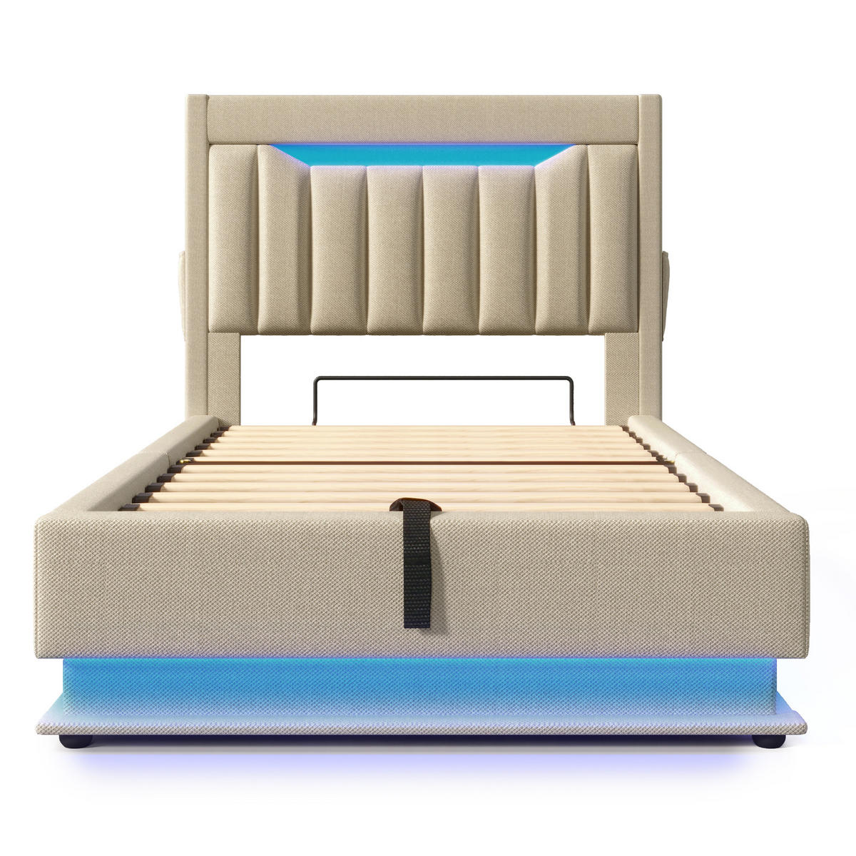 POLSTERBETT 90/200 cm Beige mit Stauraum-Kopfteil und USB-Anschlüssen - Beige, Textil (90/200cm) - OKWISH