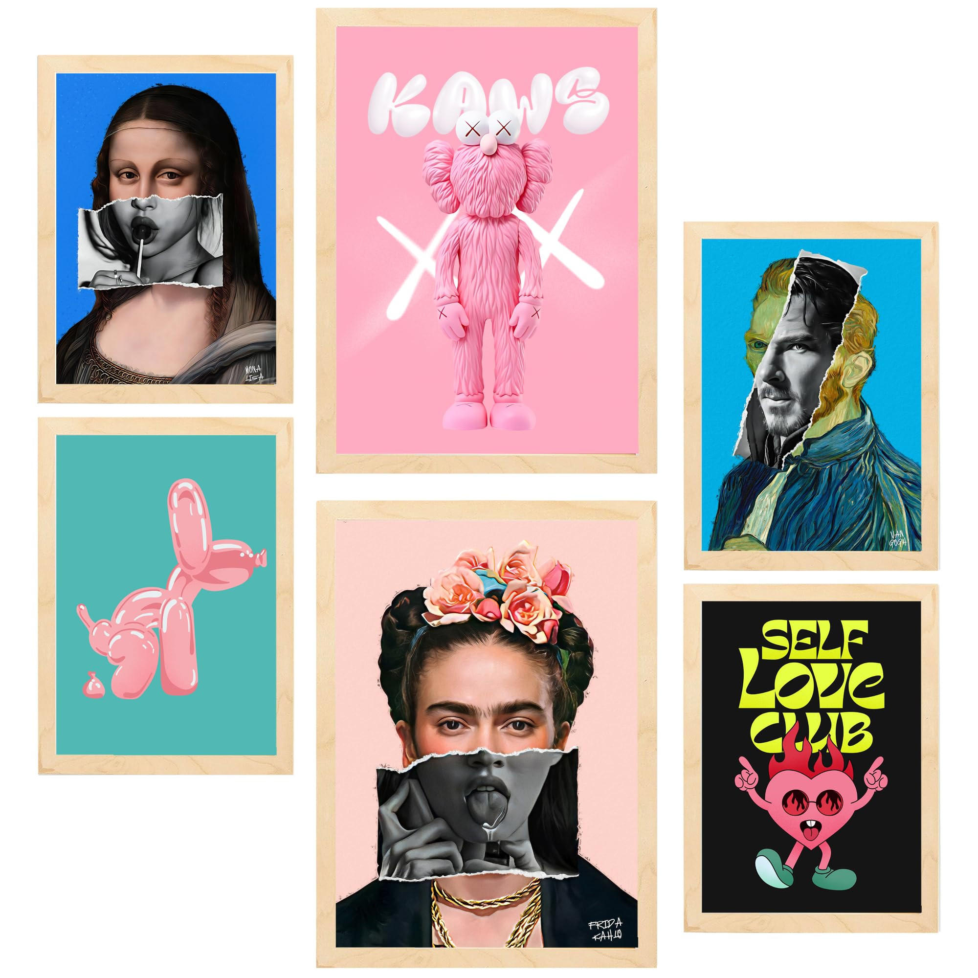 POSTER Set Mit 6 Iconica Frida Van Goght Monna Lisa Pop Art A3 & A4 Rahmen Aus Hellem Holz - Beige, Papier (29/3cm) - Nacnic