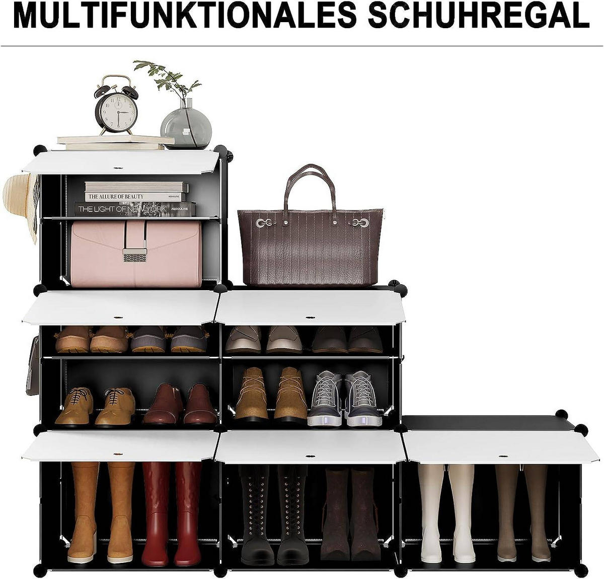 SCHUHREGAL mit 6 Fächern, Schwarz+Weiß - Schwarz/Weiß, Kunststoff/Metall (94/109/35cm) - Woltu