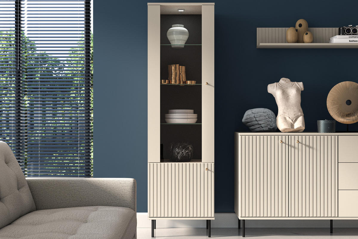 VITRINENSCHRANK DROMA inklusive Beleuchtung, Creme - Creme, Holz (55/190/40cm) - KONSIMO®
