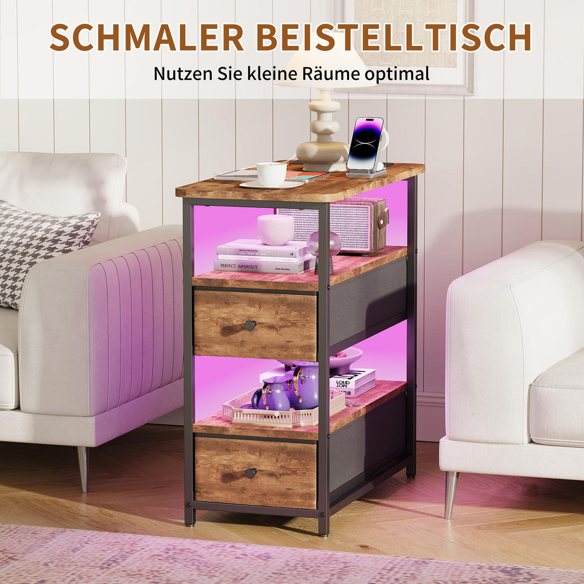 NACHTTISCH LED USB 2 Schubladen 2 Fächer Vintage braun - Braun, Holz (58/28/60.5cm) - LEBENLANG