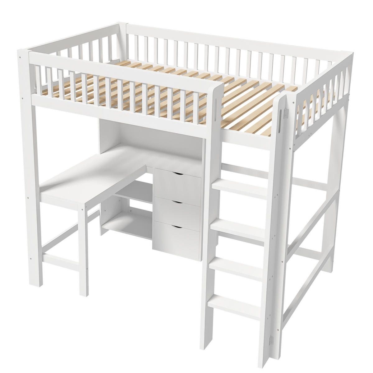 HOCHBETT 90/200 cm in Weiß mit Schreibtisch, 3 Schubladen und Ablagefächern - Weiß, Holzwerkstoff (90/200cm) - STILVORA