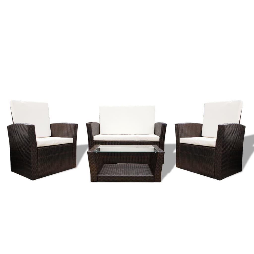 GARTEN-LOUNGE-SET 4-teilig Mit Kissen Poly Rattan Braun - Creme/Braun, Kunststoff/Textil - vidaXL