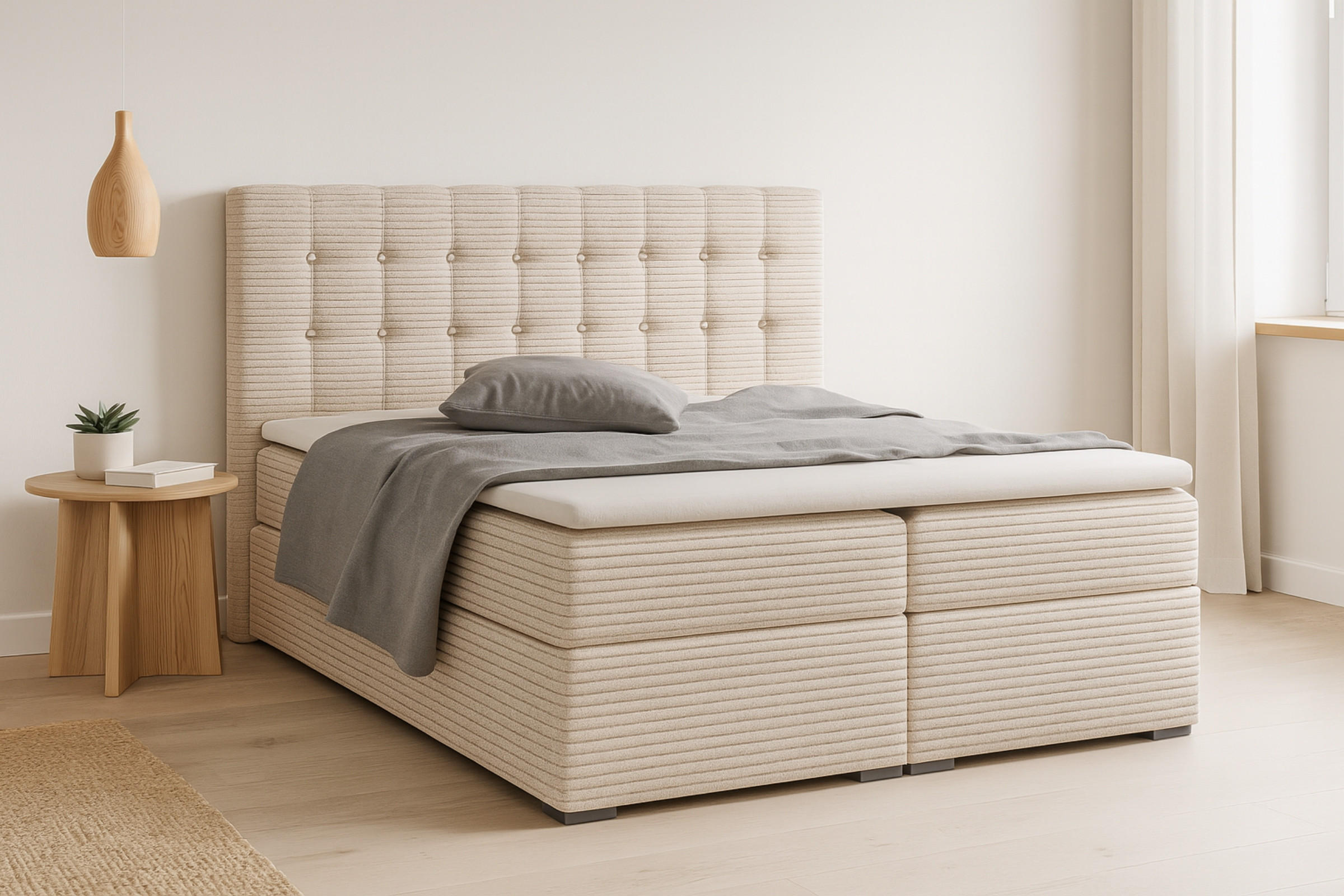 BOXBETT CARLY 120/200 in Cord Beige mit Taschen-Federkernmatratzen 7 Zonen H4 - Beige, Holz/Holzwerkstoff (122/200cm) - Deine Möbel 24
