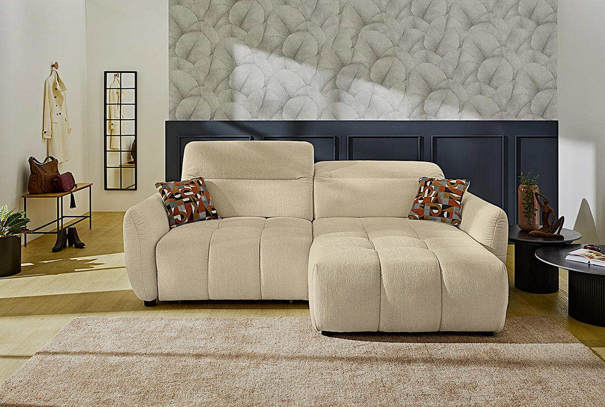 ECKSOFA mit elektrische Sitztiefenverstellung, Kopflehnen verstellbar, USB-C und -A Ladefunktion B260/T191/H106 cm, Flachgewebe Beige / 15405 - Beige/Multicolor, Kunststoff/Textil (260/191cm) - luma-home