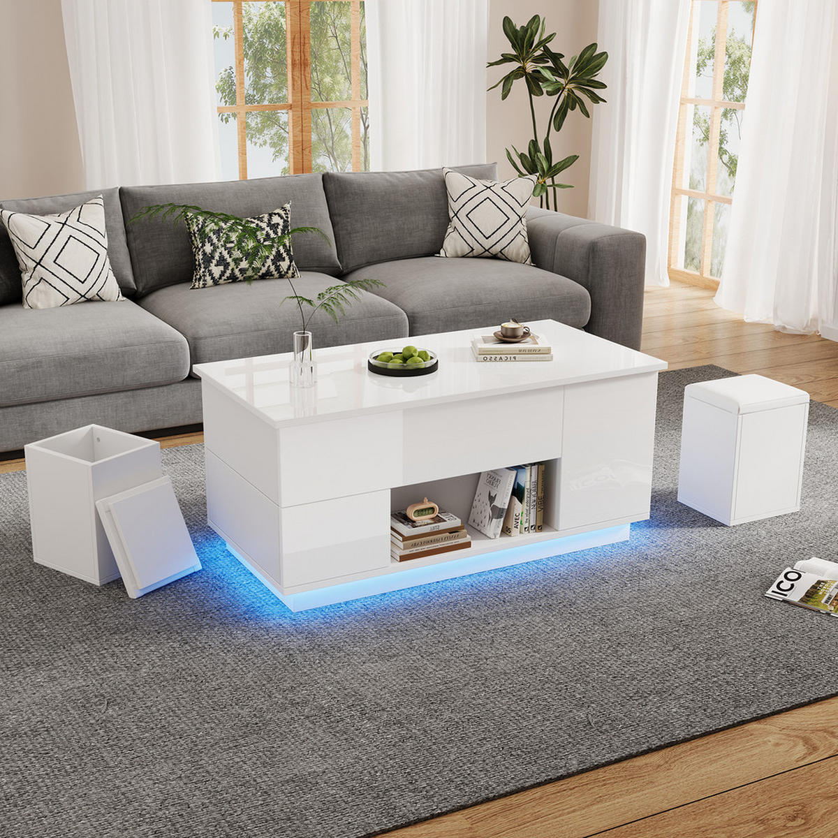 COUCHTISCH 100x50cm Weiß Höhenverstellbar LED 4in1 2 Schubladen 50kg - Weiß, Holz (62.76/50.8/20.32cm) - FLIEKS