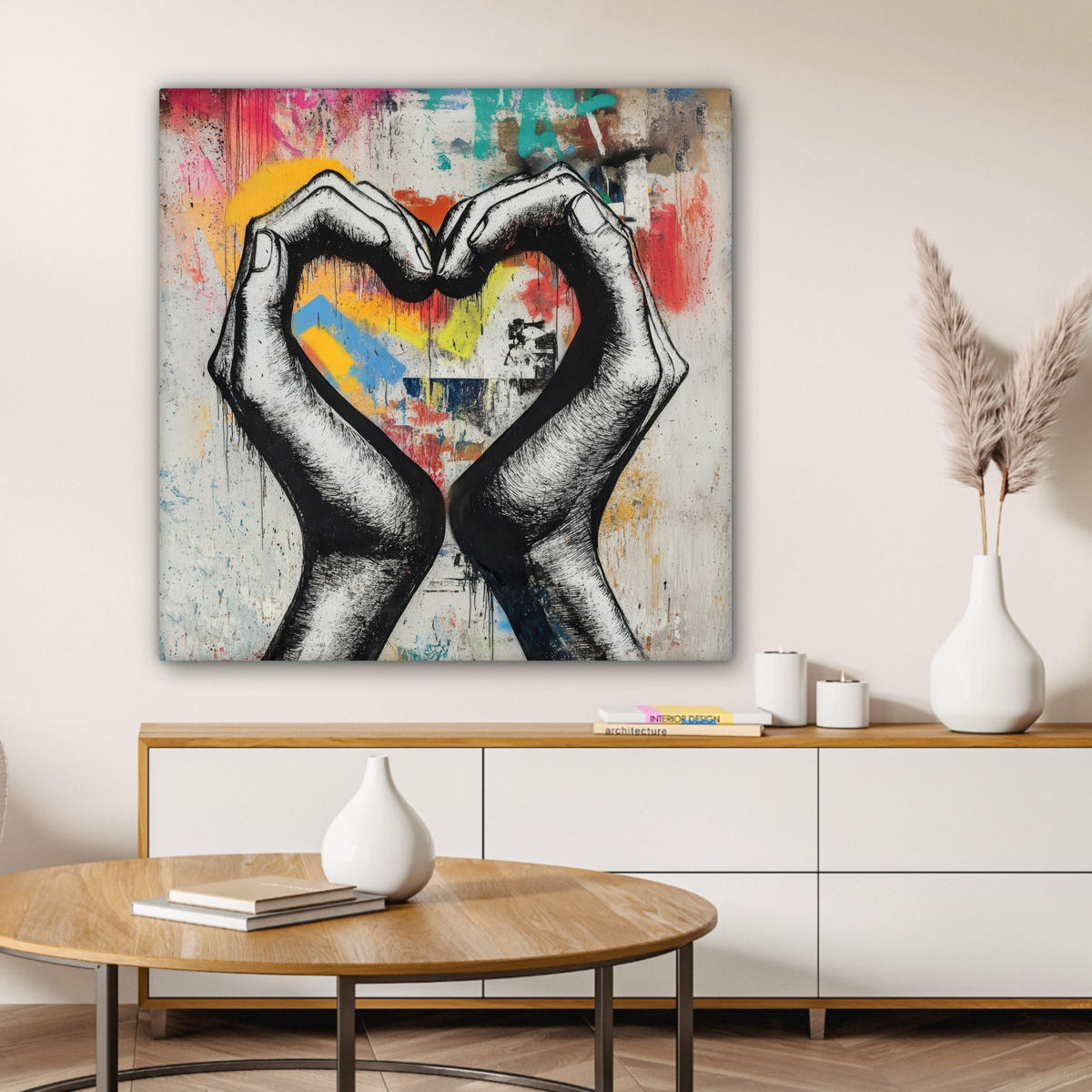 LEINWANDBILD - Hände - Herz - Straßenkunst - Graffiti - 90x90 - Gemälde - Multicolor, Textil (90/90cm) - MuchoWow