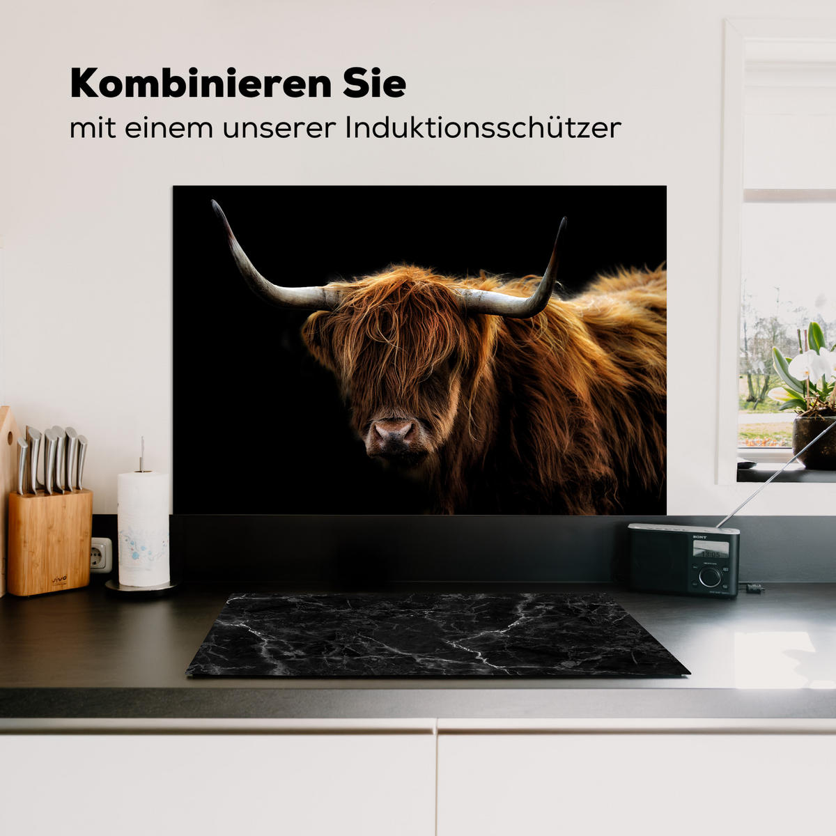 SPRITZSCHUTZ KÜCHE Schottischer Highlander - Hörner - Schwarz - Tiere - Natur - Wild - Kuh 80x55 cm - Cognac, Metall (80/0.3/55cm) - MuchoWow
