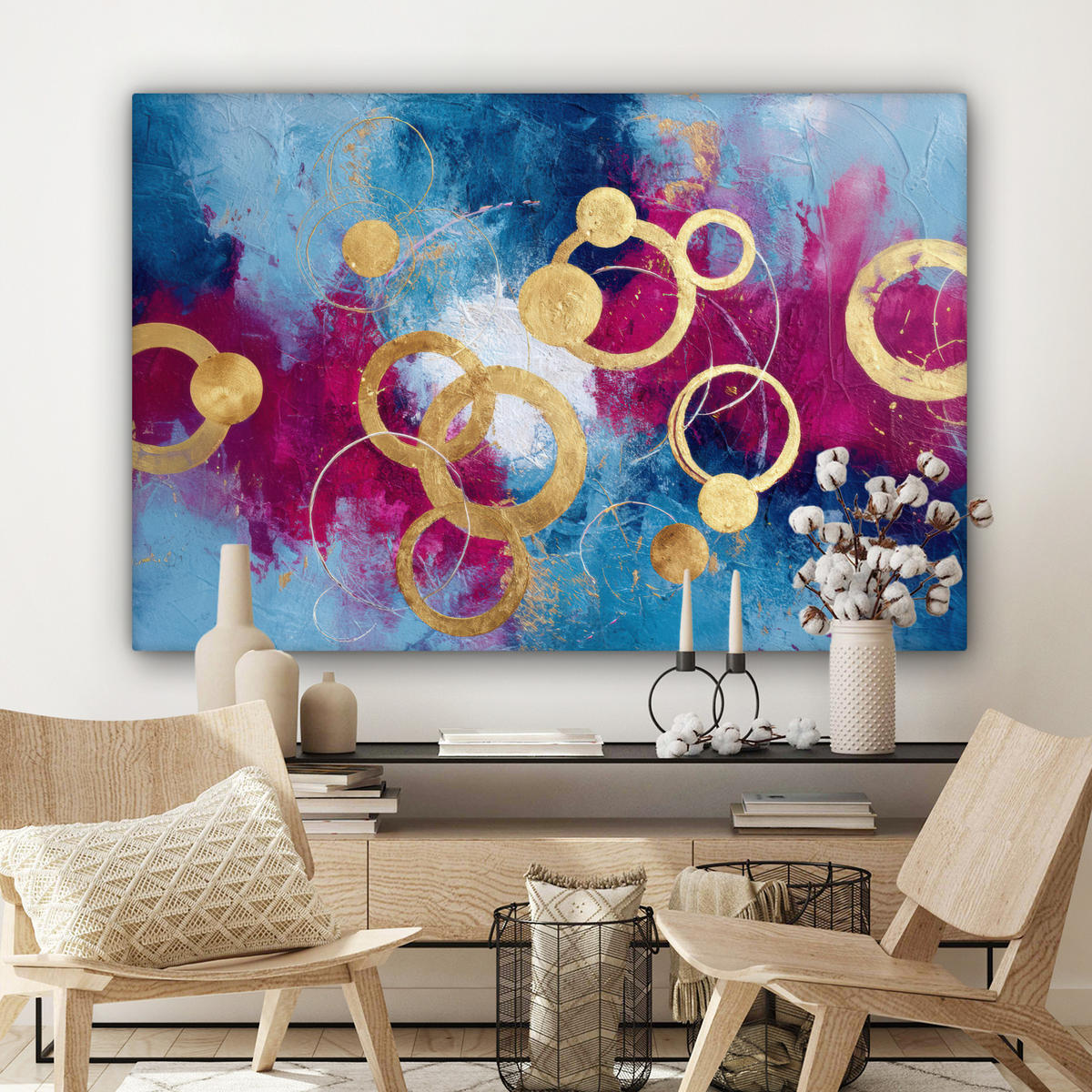 LEINWANDBILD Kreise - Gold - Abstrakt Groß 140x90 cm - Blau, Textil (140/90cm) - MuchoWow